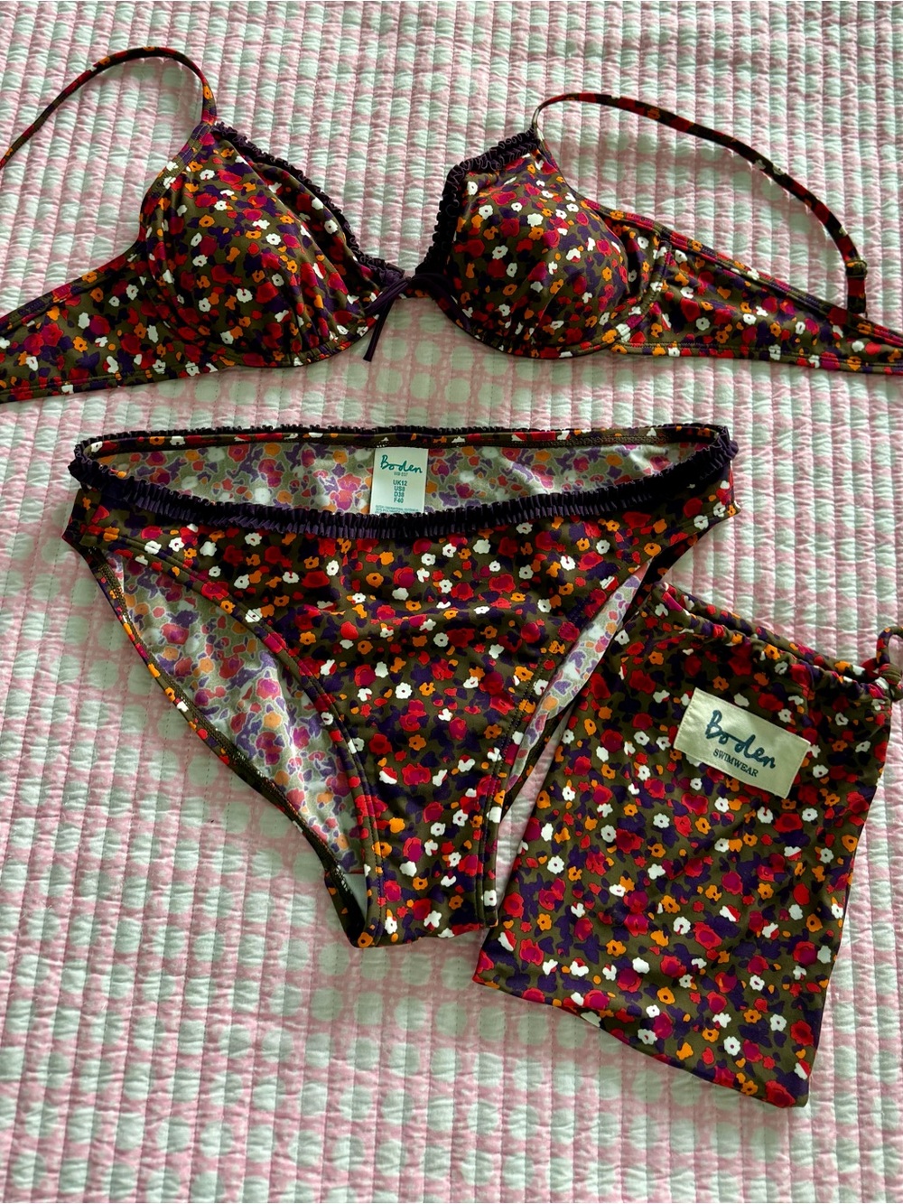 Boden Floral Bikini Set with travel bag, full support bra top.